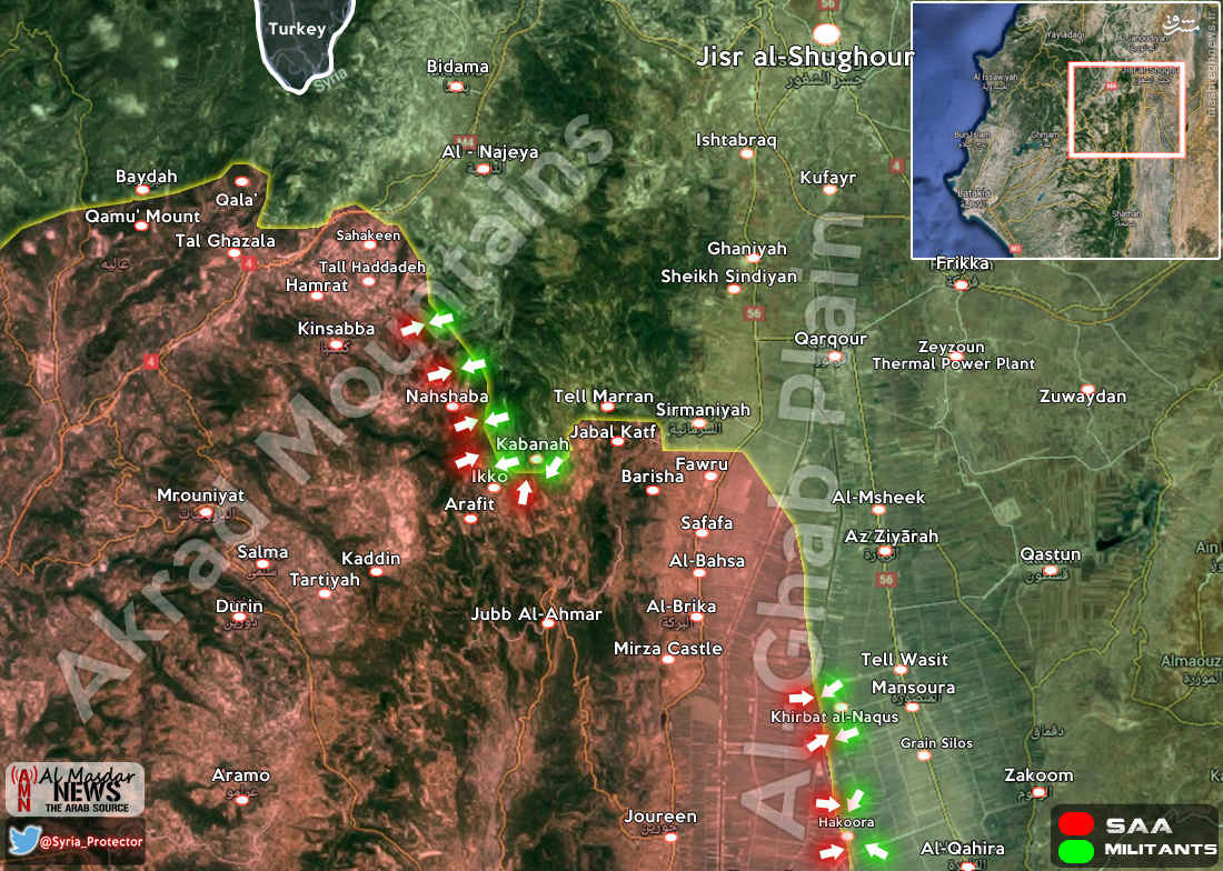 حملات گسترده تروریست‌های چینی به سهل الغاب/عملیات معکوس ارتش سوریه در شمال لاذقیه + عکس، فیلم و نقشه