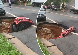 زمین یک خودروی سواری را بلعید! + فیلم